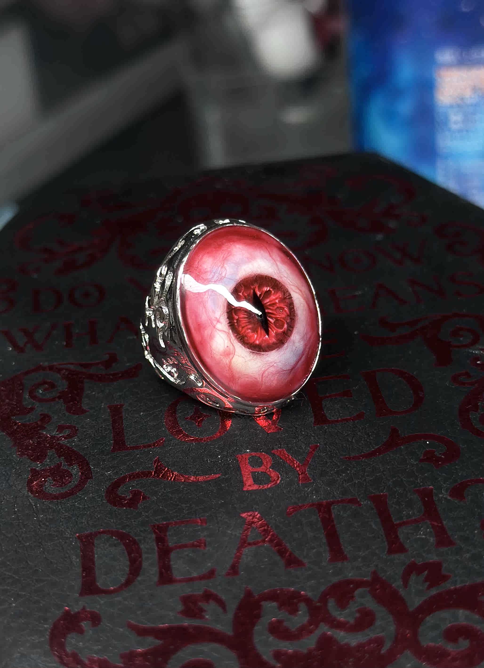 spooky cute pastel goth ring with red resin charm