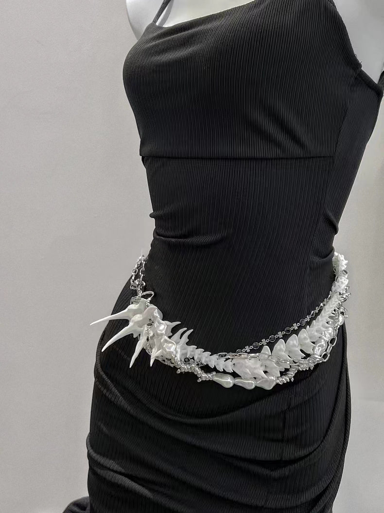 White Spine Bone Chain Belt - Minimalist Gothic Waist Accessory
