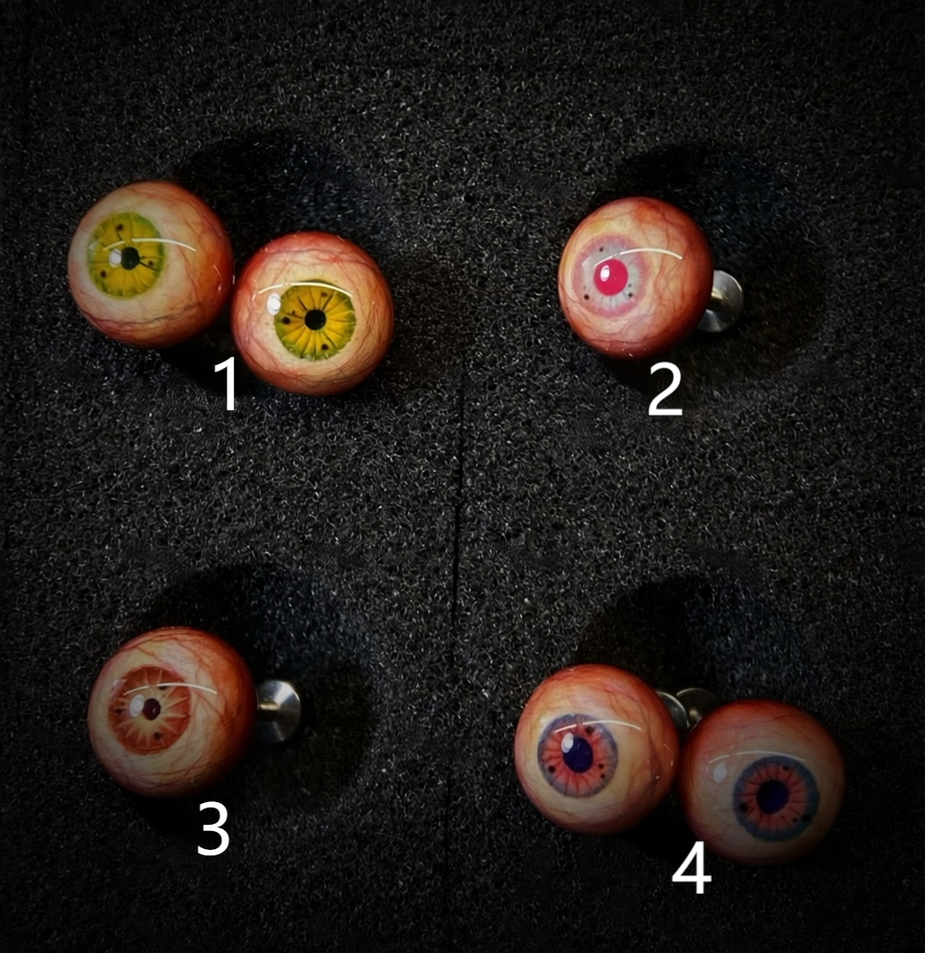 Creepy-kawaii eyeball stud earrings pair - multiple styles - 8mm eyeballs - 4–12mm post length options