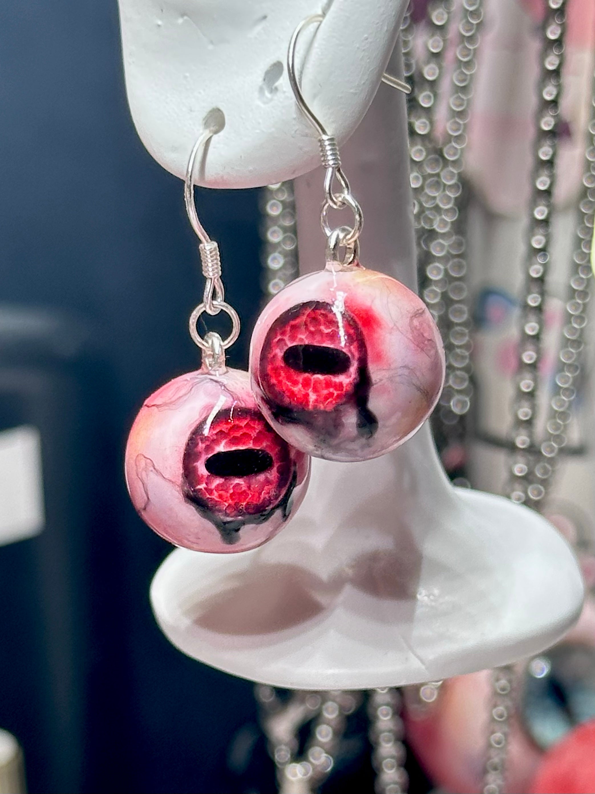 pink resin eyeball drop earrings handmade creepy cute gothic style