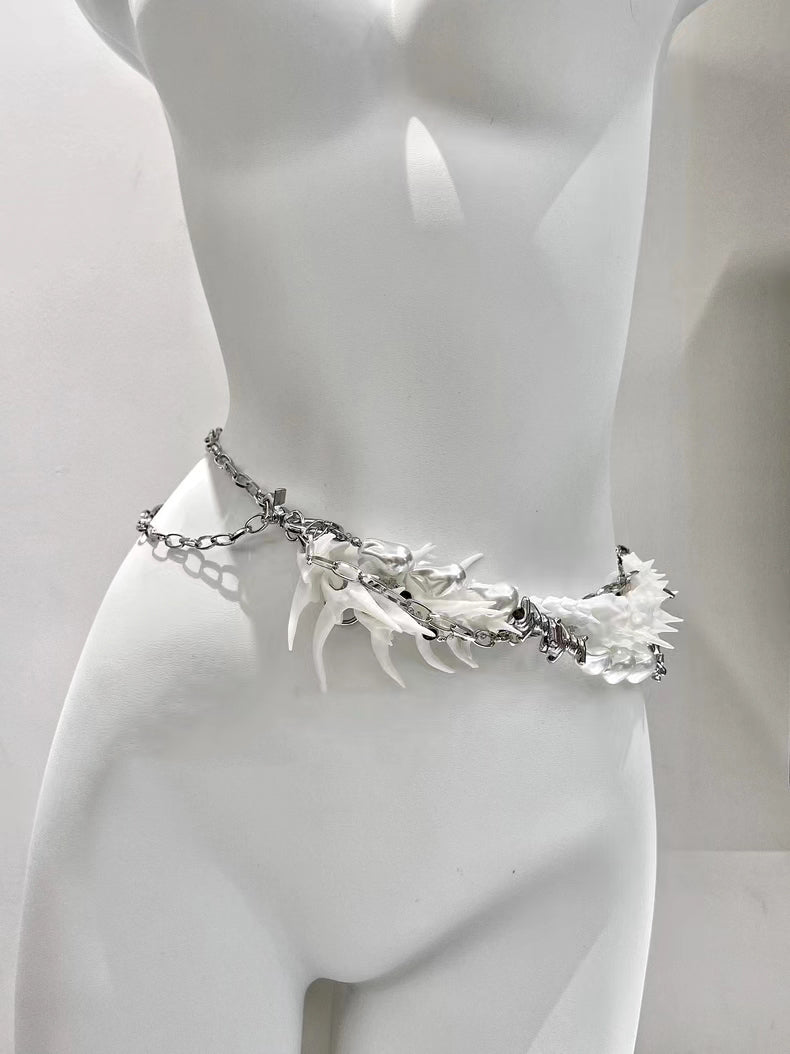 White Spine Bone Chain Belt - Minimalist Gothic Waist Accessory