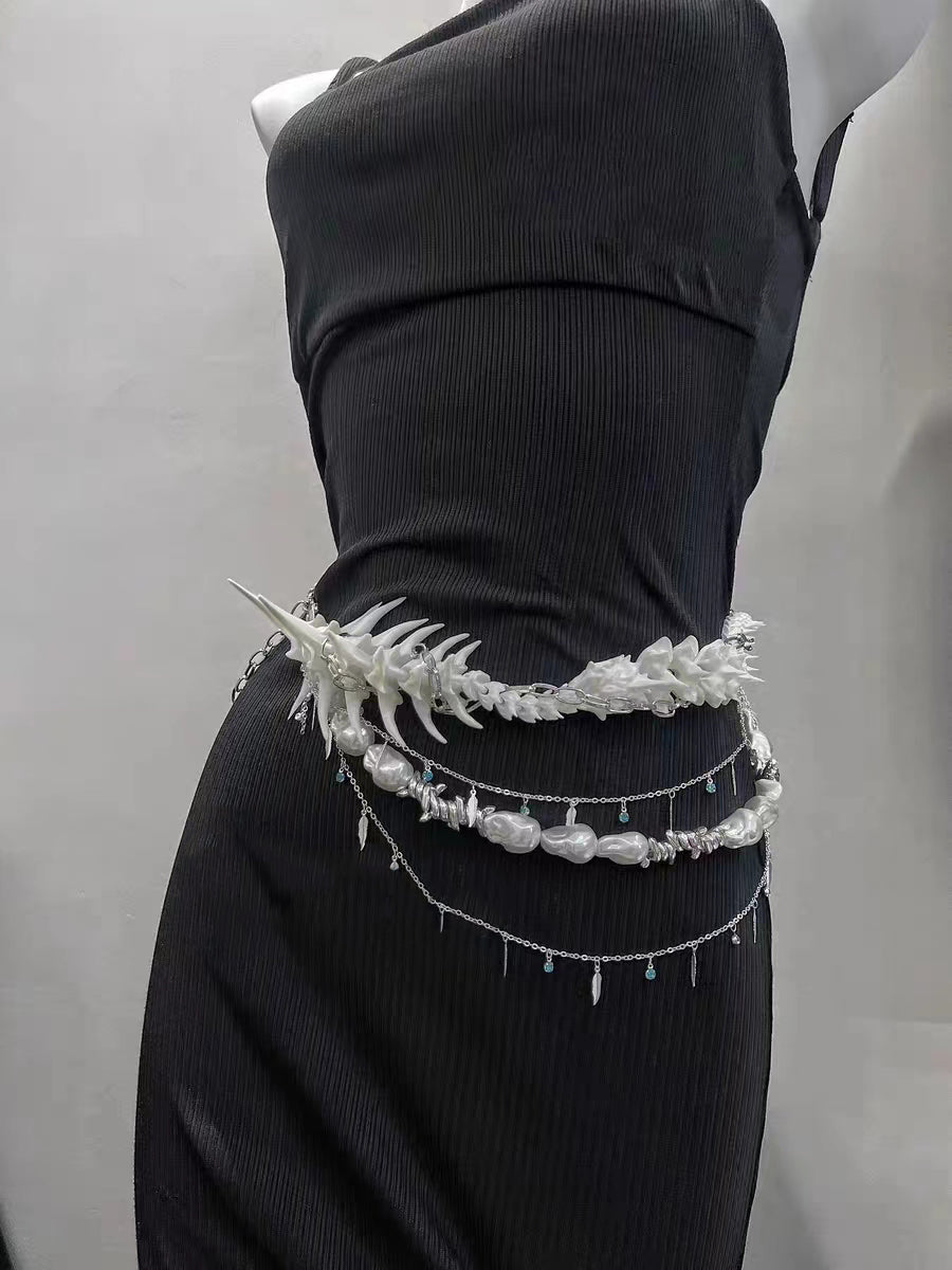 White Spine Multi-Layer Waist Chain - Gothic Vertebrae Statement Belt