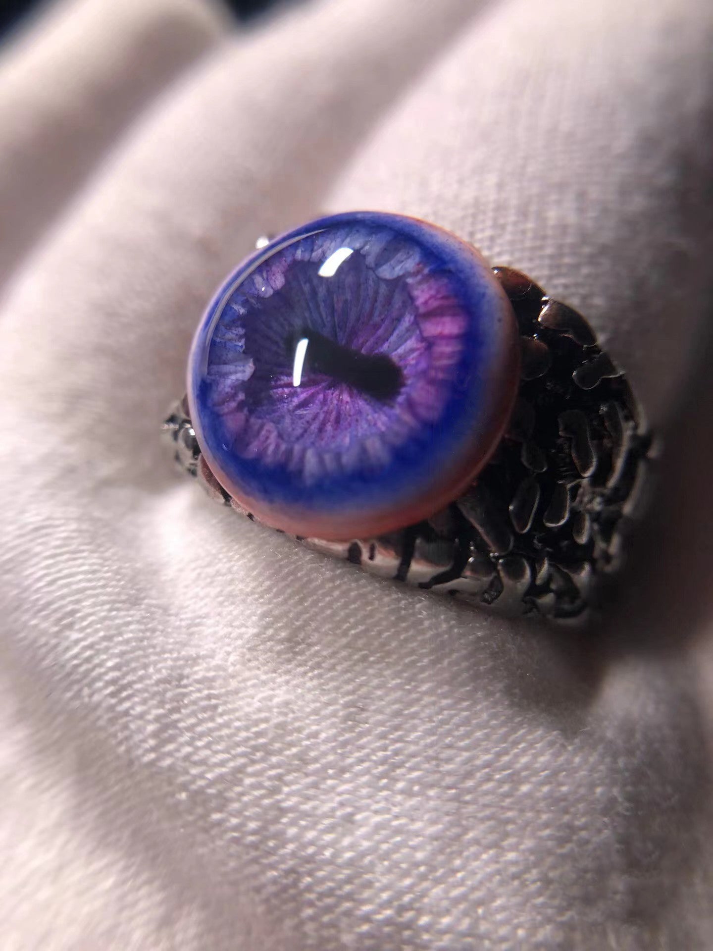 Purple Mystic Eye Ring side view - Detailed gothic silver band design