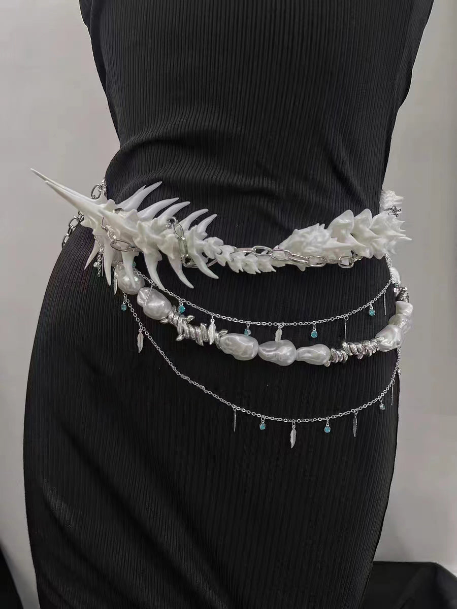 White Spine Multi-Layer Waist Chain - Gothic Vertebrae Statement Belt